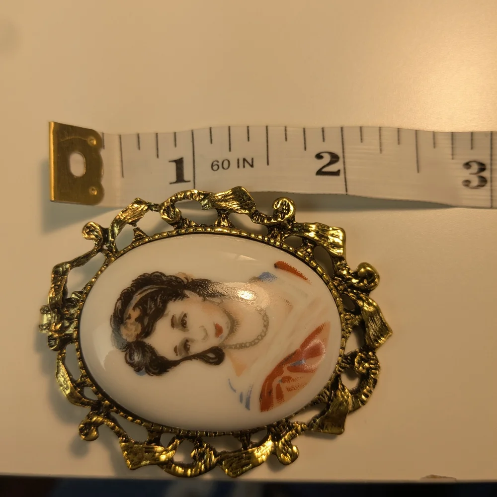 Vintage Gold and White Porcelain Cameo Brooch And Pendant Marked Japan